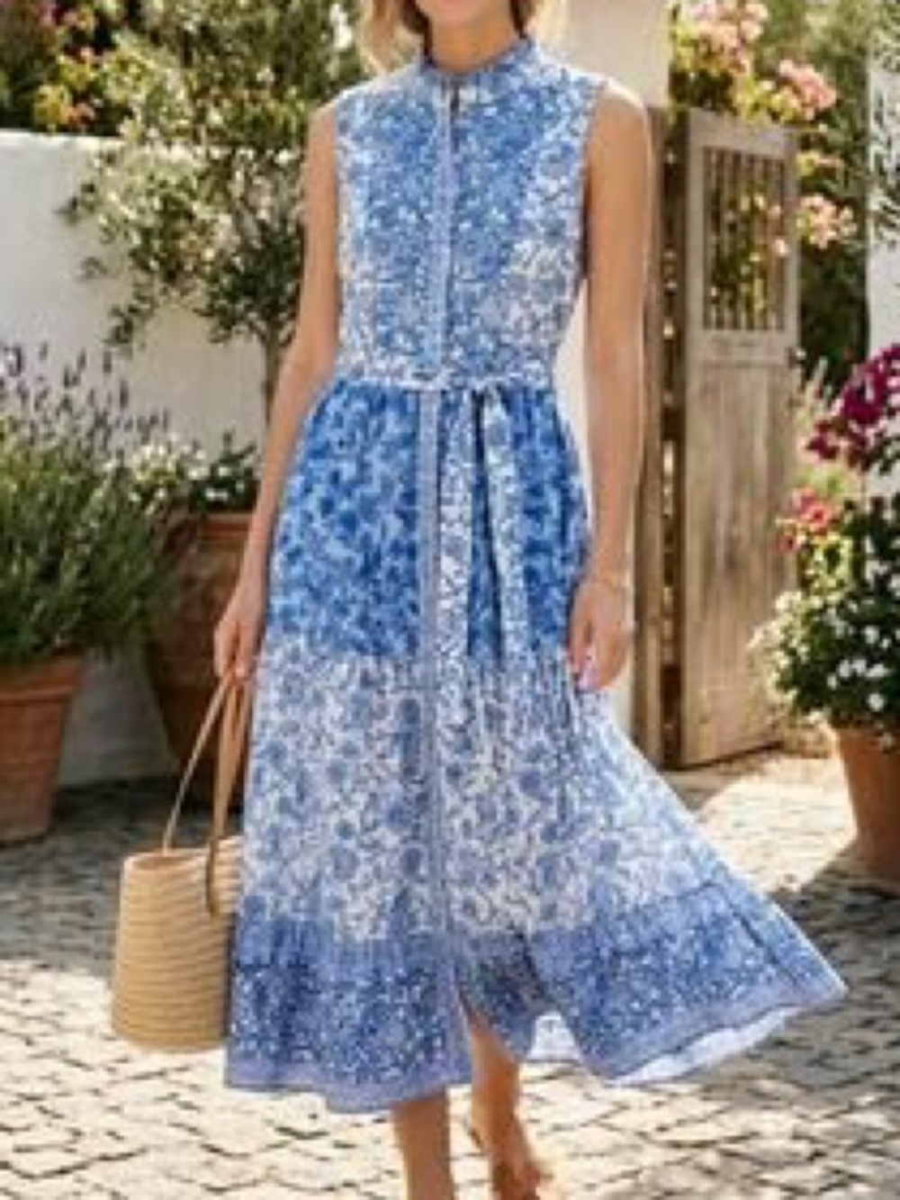 CeCe Blue & White Floral Tiered Cotton Belted Full Button-Front Midi Dress - XL - Picture 11 of 11